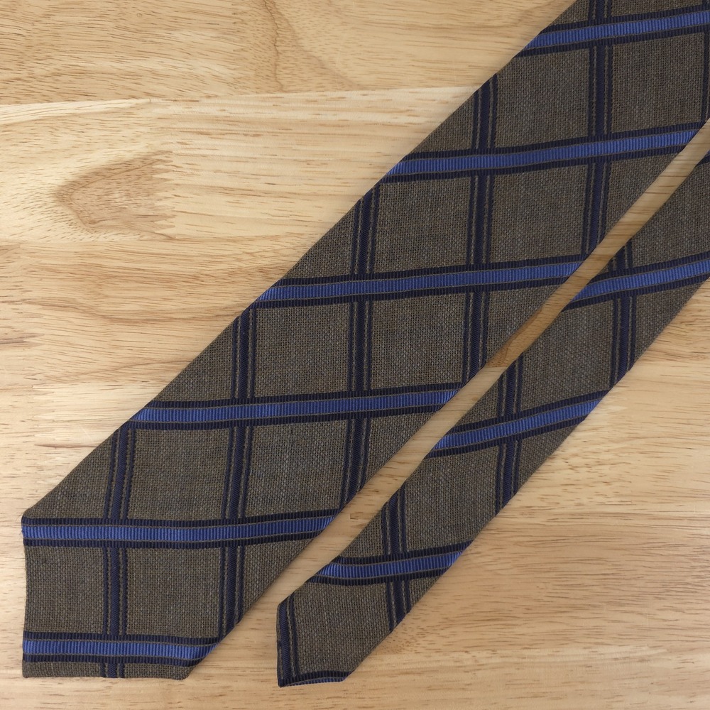 Ermenegildo Zegna‎ Tie Gray Blue Plaid Silk Wool Woven 3.75" X 59" Italy Made